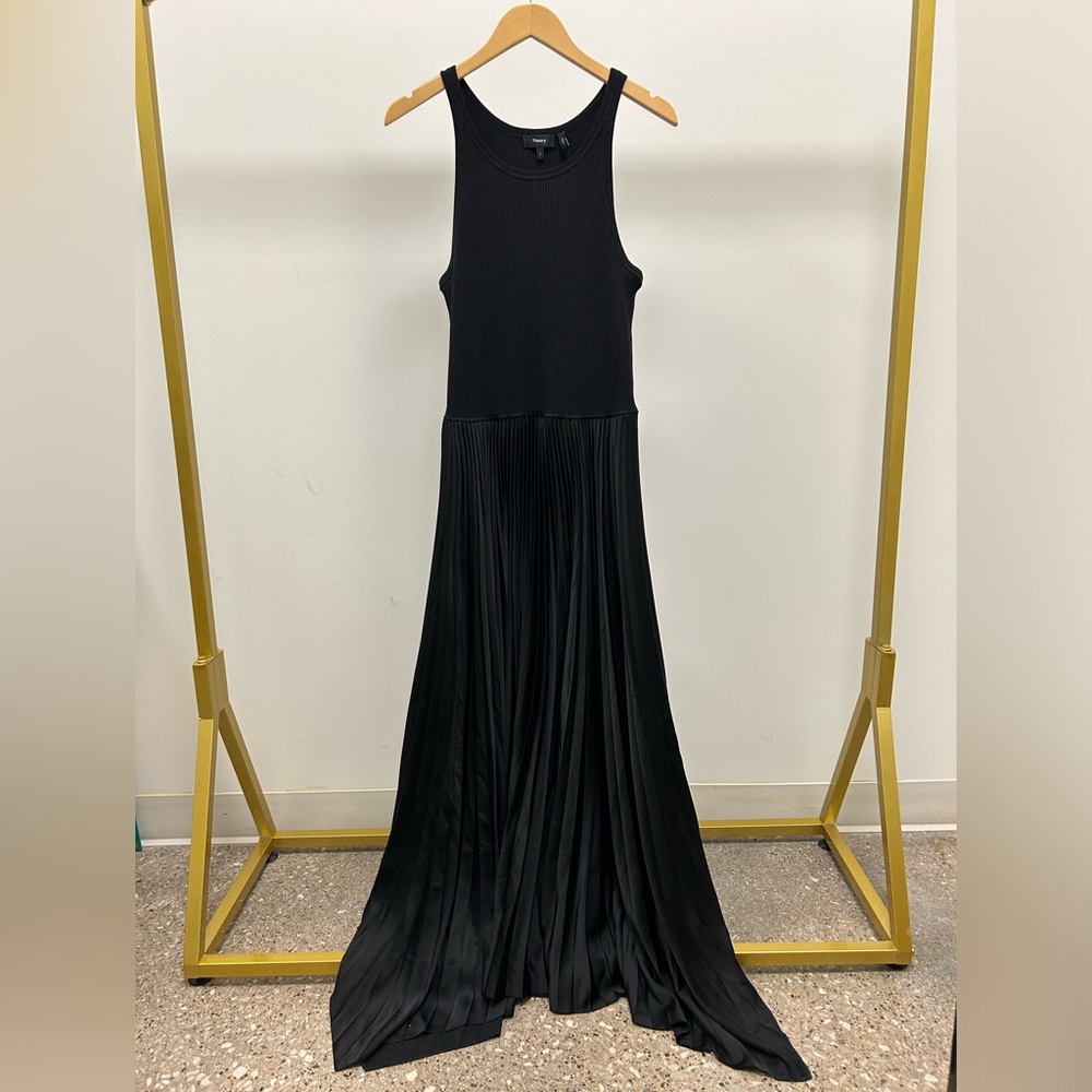 Theory Black Pleated Tank Side Slit Maxi Dress